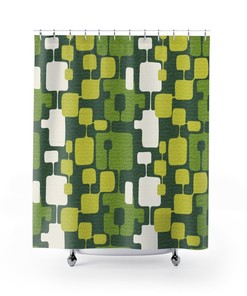 Olive and Emerald Green Abstract Durable Polyester Mid Century Modern Shower Curtain