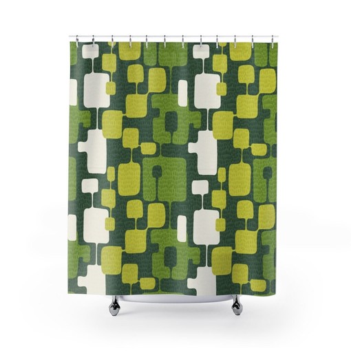 Olive and Emerald Green Abstract Durable Polyester Mid Century Modern Shower Curtain