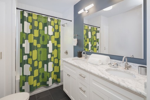 Olive and Emerald Green Abstract Durable Polyester Mid Century Modern Shower Curtain - Image 2