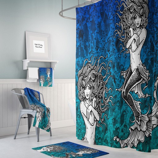 Ombre Aqua Mermaid Shower Curtain Bath Set for a Relaxing Ocean Atmosphere | modern shower curtains