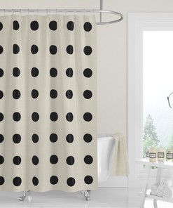 Onyx Black Boho Dots Shower Curtain, Minimalist and Neutral Fabric Bath Curtain