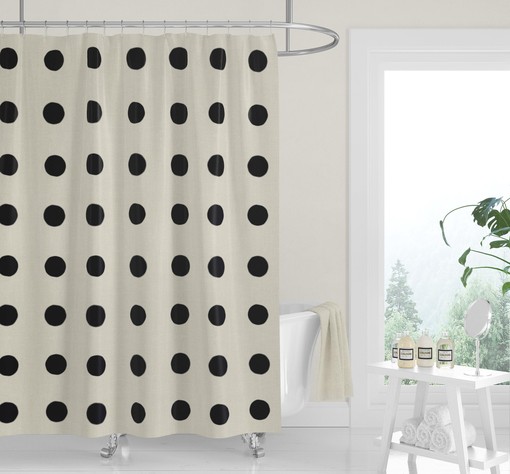 Onyx Black Boho Dots Shower Curtain, Minimalist and Neutral Fabric Bath Curtain
