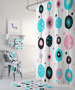 Optional Atomic Pink Mid Century Modern Shower Curtain: Towel and Bath Mat Set Included