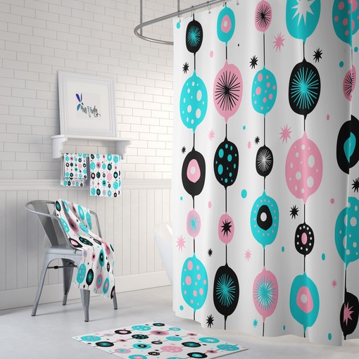 Optional Atomic Pink Mid Century Modern Shower Curtain: Towel and Bath Mat Set Included