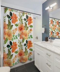 Orange Floral Nature Shower Curtain | Vintage Nature Pattern | Plant Lover Gift | Bathroom Decoration