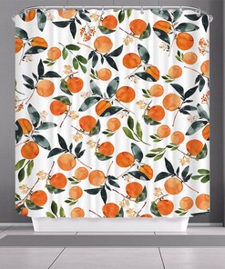 Orange Lemonade Orchard Shower Curtain | Summer Fruit Bath Decor Green Leaves Watercolor