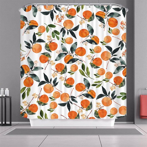 Orange Lemonade Orchard Shower Curtain | Summer Fruit Bath Decor Green Leaves Watercolor