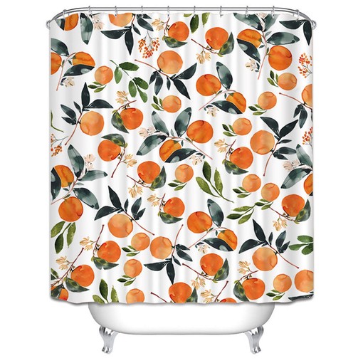 Orange Lemonade Orchard Shower Curtain | Summer Fruit Bath Decor Green Leaves Watercolor - Image 2