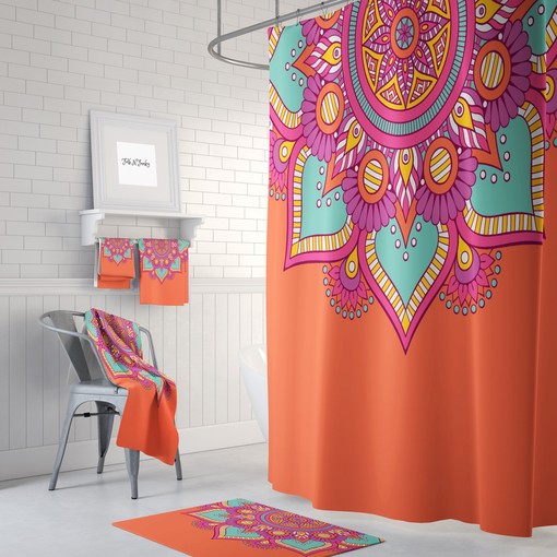 Orange Mandala Boho Shower Curtain Set with At Home Shower Curtains