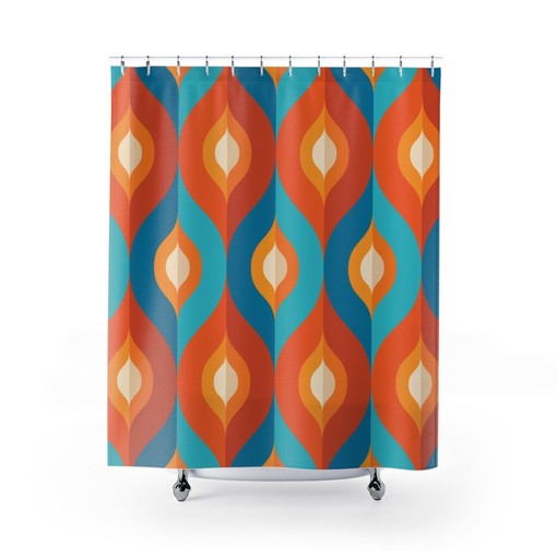 Orange Mid Century Modern Shower Curtain, Vintage Retro 1950s-1960s Bathroom Decor