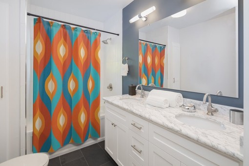 Orange Mid Century Modern Shower Curtain, Vintage Retro 1950s-1960s Bathroom Decor - Image 2
