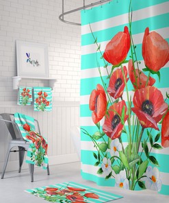 Orange Poppy Floral Print Shower Curtain Set - Bold Bath Set with Matching Mat and Towels for Colorful Bathroom Decor