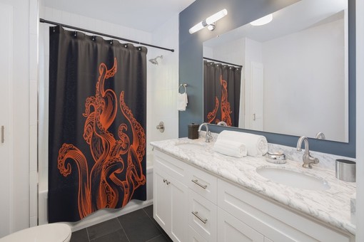 Orange and Blue Octopus Tentacle Monster Print Shower Curtain for Playful Bathroom Decor