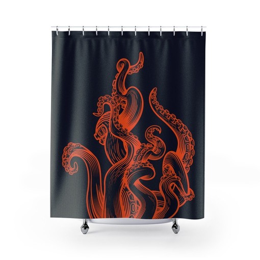 Orange and Blue Octopus Tentacle Monster Print Shower Curtain for Playful Bathroom Decor - Image 2