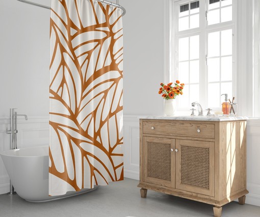 Orange and Tropical Botanical Leaf Shower Curtain - Abstract Design for Mid Century Modern Bathroom Decor