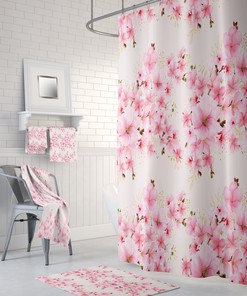 Oriental Cherry Blossom Shower Curtain with Oriental Bath Set for Serene Bathroom Decor
