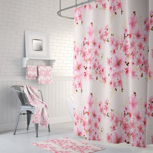 Oriental Cherry Blossom Shower Curtain with Oriental Bath Set for Serene Bathroom Decor