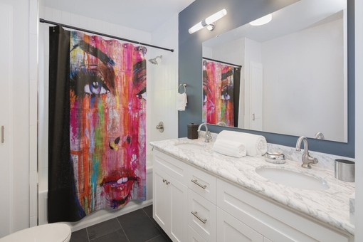 Original Woman's Face Art Shower Curtain | Street Art Inspired | Beautiful Bath Decor | Customizable - Image 2