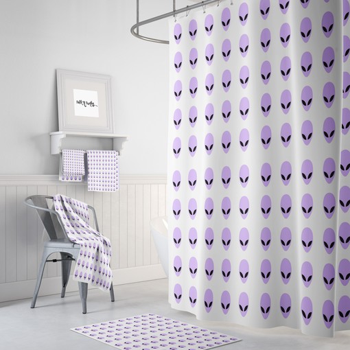 Out of This World Alien Shower Curtain with Purple and White Bathroom Decor for Sci-Fi Ambiance
