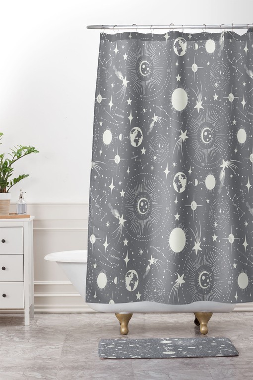 Outer Space Gray Shower Curtain with Constellations Design for Simple Bathroom