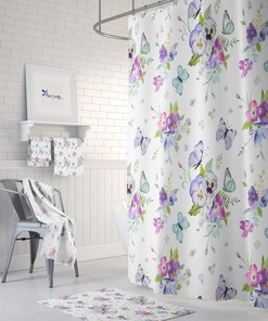 Pansy and Butterfly Floral Shower Curtain Set with Towels and Mat - Delightful Bathroom Decor
