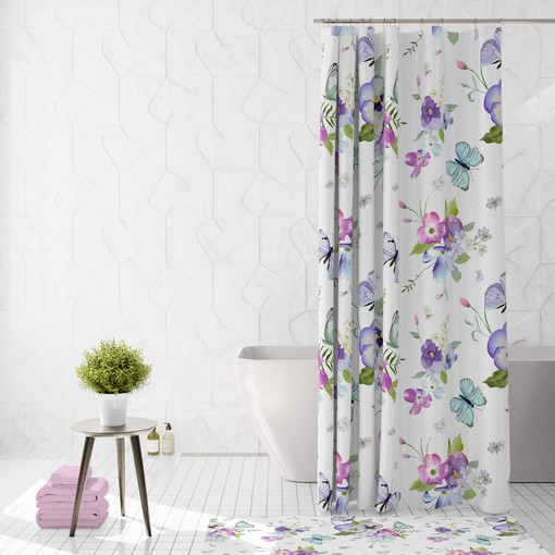 Pansy and Butterfly Floral Shower Curtain Set with Towels and Mat - Delightful Bathroom Decor - Image 2