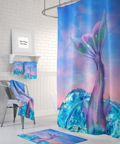 Pastel Ocean Sky Mermaid Tail Shower Curtain Bath Set for Dreamy Bathroom Decor | shower curtains colorful