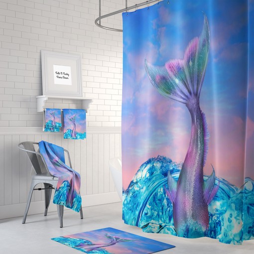 Pastel Ocean Sky Mermaid Tail Shower Curtain Bath Set for Dreamy Bathroom Decor | shower curtains colorful