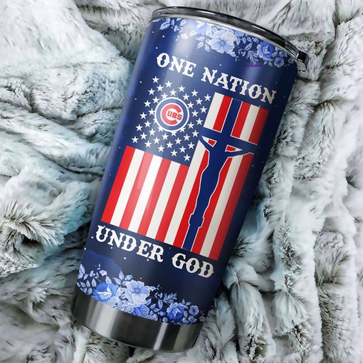 Patriotic One Nation Under God Quote and Custom MLB Logo - Chicago Cubs MLB Tumbler with MLB Coffee Tumbler - Image 2
