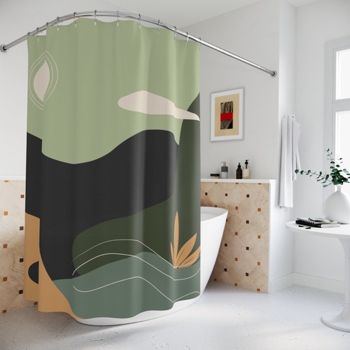 Peaceful Meditation Abstract Art Shower Curtain or Mat, Yoga Warm Natural Colors with Minimalistic Contemporary Design