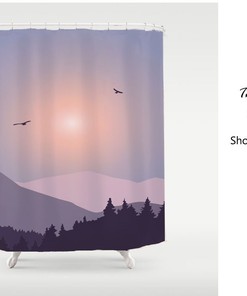 Peaceful Mountain & Forest Purple Ink Painting Disney Shower Curtain, Custom Sizes Available for Bathroom Decor