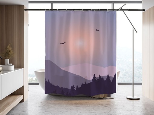 Peaceful Mountain & Forest Purple Ink Painting Disney Shower Curtain, Custom Sizes Available for Bathroom Decor - Image 2