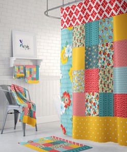 Peasant Patchwork Print Boho Chic Shower Curtain Set with Restroom Shower Curtains