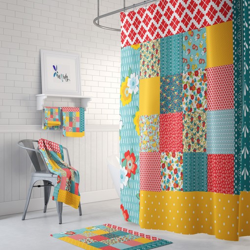 Peasant Patchwork Print Boho Chic Shower Curtain Set with Restroom Shower Curtains