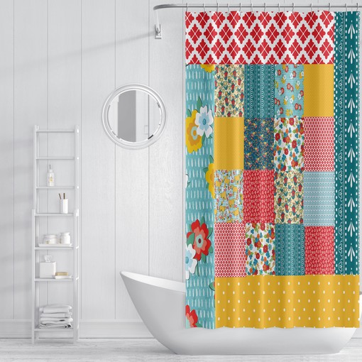 Peasant Patchwork Print Boho Chic Shower Curtain Set with Restroom Shower Curtains - Image 2