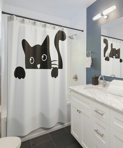Peeking Cat Shower Curtain | Funny and Adorable Cat Design | Kids Bathroom Shower Curtains