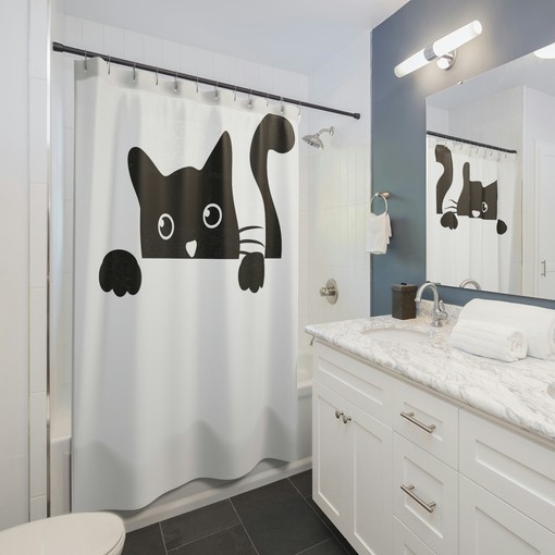 Peeking Cat Shower Curtain | Funny and Adorable Cat Design | Kids Bathroom Shower Curtains