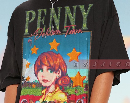 Penny T-shirt - Vintage STARDW VALLY Tee Featuring Food Spirit, Penny Character & Farming Harvst Moon RPG - Image 2