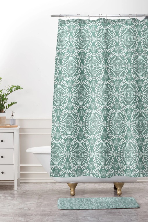 Perfect for a Bohemian Styled Bathroom with Geometric Green Mandala Print Boho Bath Curtain