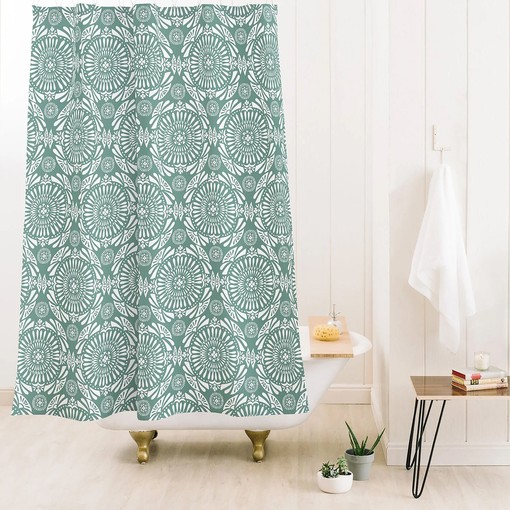 Perfect for a Bohemian Styled Bathroom with Geometric Green Mandala Print Boho Bath Curtain - Image 2