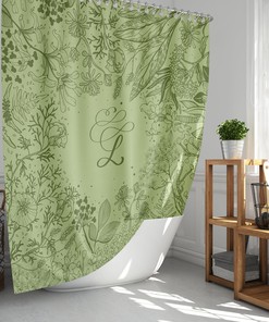 Personalize Your Bathroom with Monogram Shower Curtain, Green Foliage Alphabet Design Fabric Bathroom Curtain