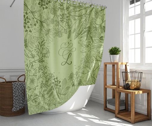 Personalize Your Bathroom with Monogram Shower Curtain, Green Foliage Alphabet Design Fabric Bathroom Curtain