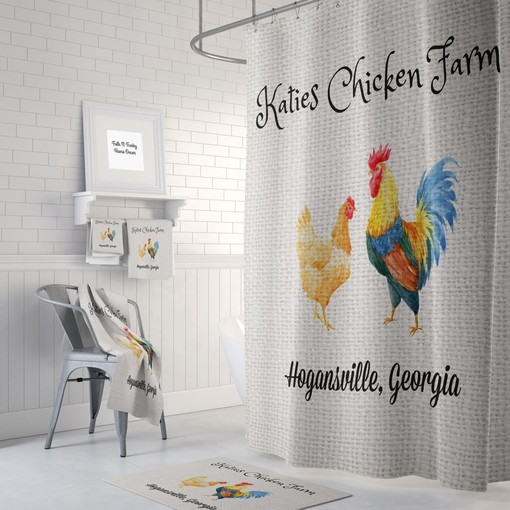 Personalized Chicken Farm Shower Curtain - Farmhouse Chic Design with Faux Burlap, Ideal Set for Rustic Bathrooms