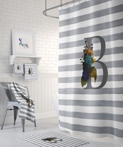 Personalized Gray Striped Floral Shower Curtain for a Classic and Elegant Bathroom Decor