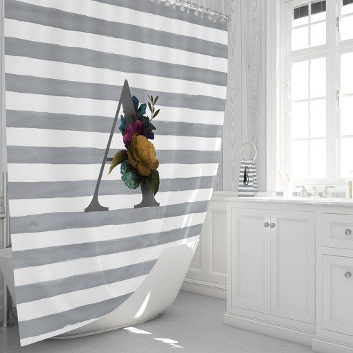Personalized Gray Striped Floral Shower Curtain for a Classic and Elegant Bathroom Decor - Image 2