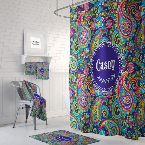 Personalized Monogram Shower Curtain with Paisley Design and Matching Bath Mat and Towels for Best Shower Curtains