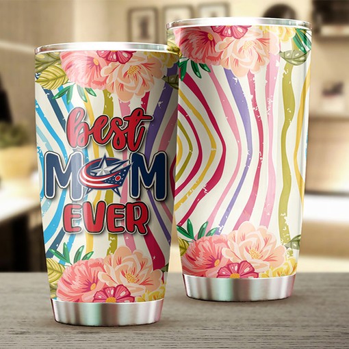Personalized NHL Tumbler - Columbus Blue Jackets Best Mom Ever with Flower Design - Image 2