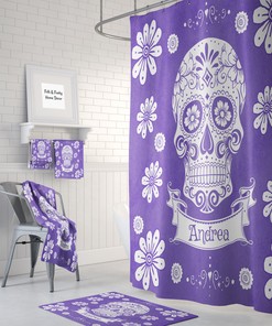 Personalized Purple Sugar Skull Shower Curtain for Day Of The Dead Bathroom Decor with Unique Shower Curtain Ideas