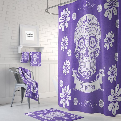 Personalized Purple Sugar Skull Shower Curtain for Day Of The Dead Bathroom Decor with Unique Shower Curtain Ideas