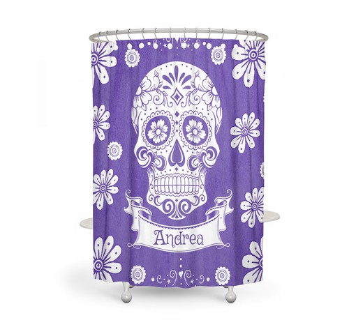 Personalized Purple Sugar Skull Shower Curtain for Day Of The Dead Bathroom Decor with Unique Shower Curtain Ideas - Image 2